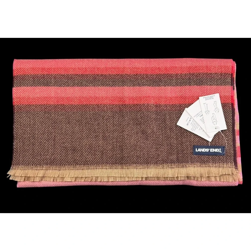 Land's End Women's Oblong Scarf Stripe Red Pink Tan Knit Classic 15 X 70 NWT